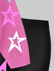SHEIN 2pcs/Set Young Girl Light Pink K-POP Girl Group Letter Star Print Long Sleeve Sweatshirt And Leggings Back-To-School School Autumn Outfit - Multicolor - View 3