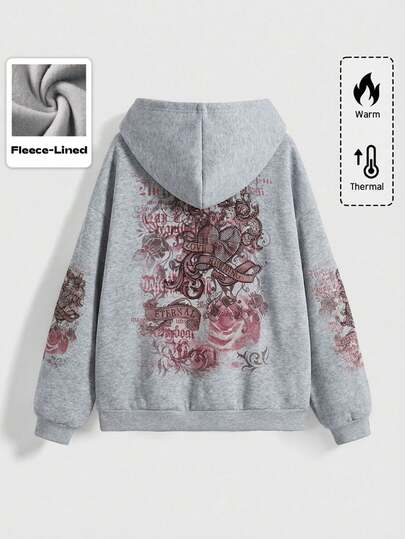 Grunge Punk Sweat-shirt vintage romantique avec motif de roses, de vignes et de cœurs ornés de strass, automne/hiver