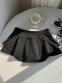 SHEIN EZwear Culotte de mujer de cintura elástica y bajo con volantes de unicolor - Negro - Ver 2