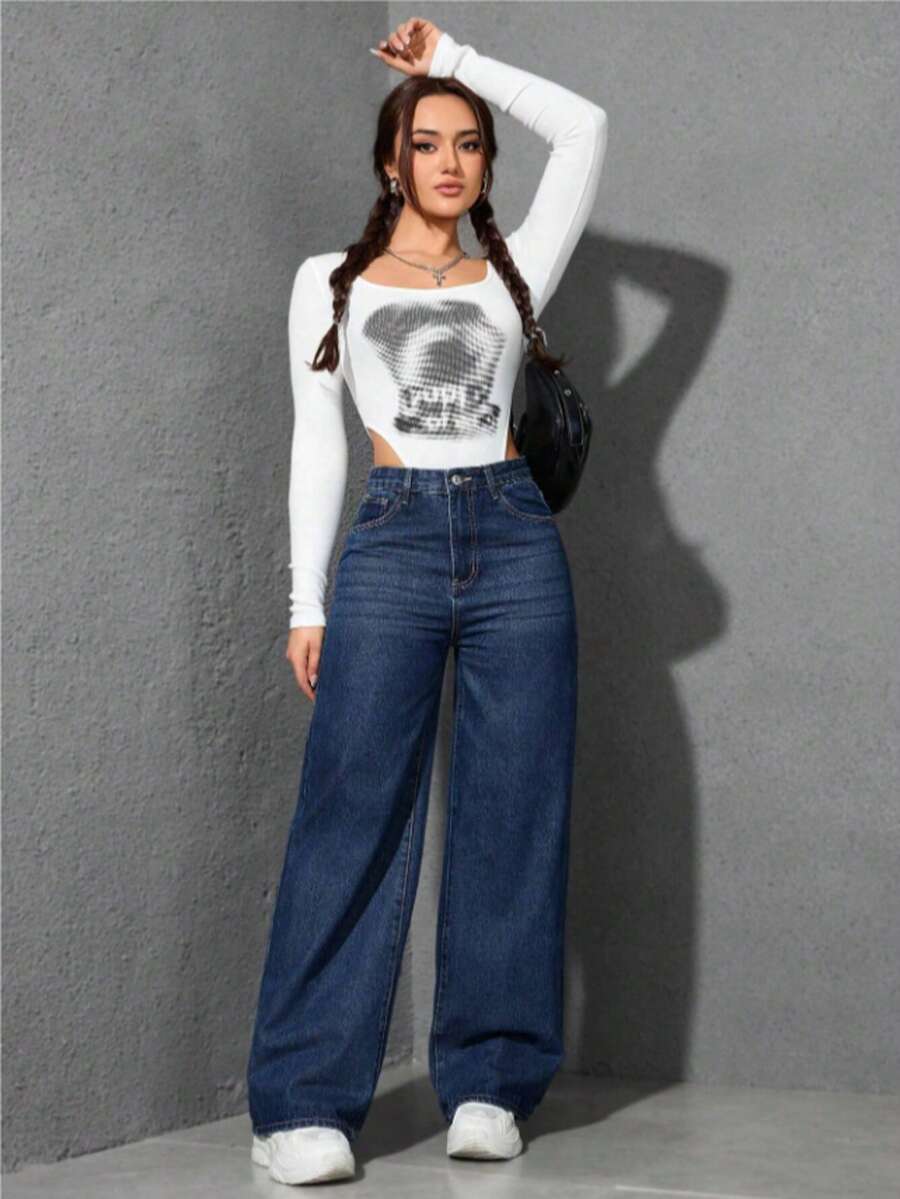 Jeans Mezclilla Casual De Pierna Ancha Para Mujer Pantalón - Azul lavado oscuro - Ver 1