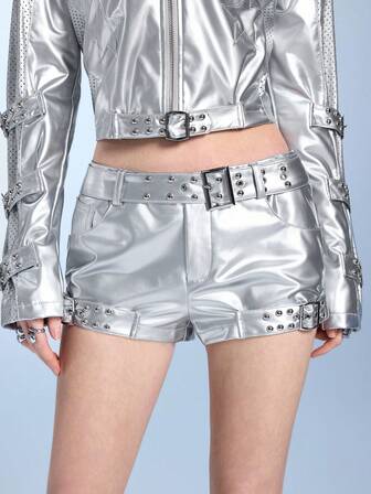 ROMWE Avant Pantalones cortos sexy de cintura ultra baja con hebilla, estilo retro Y3K de motociclista chic de mujer, en plata PU