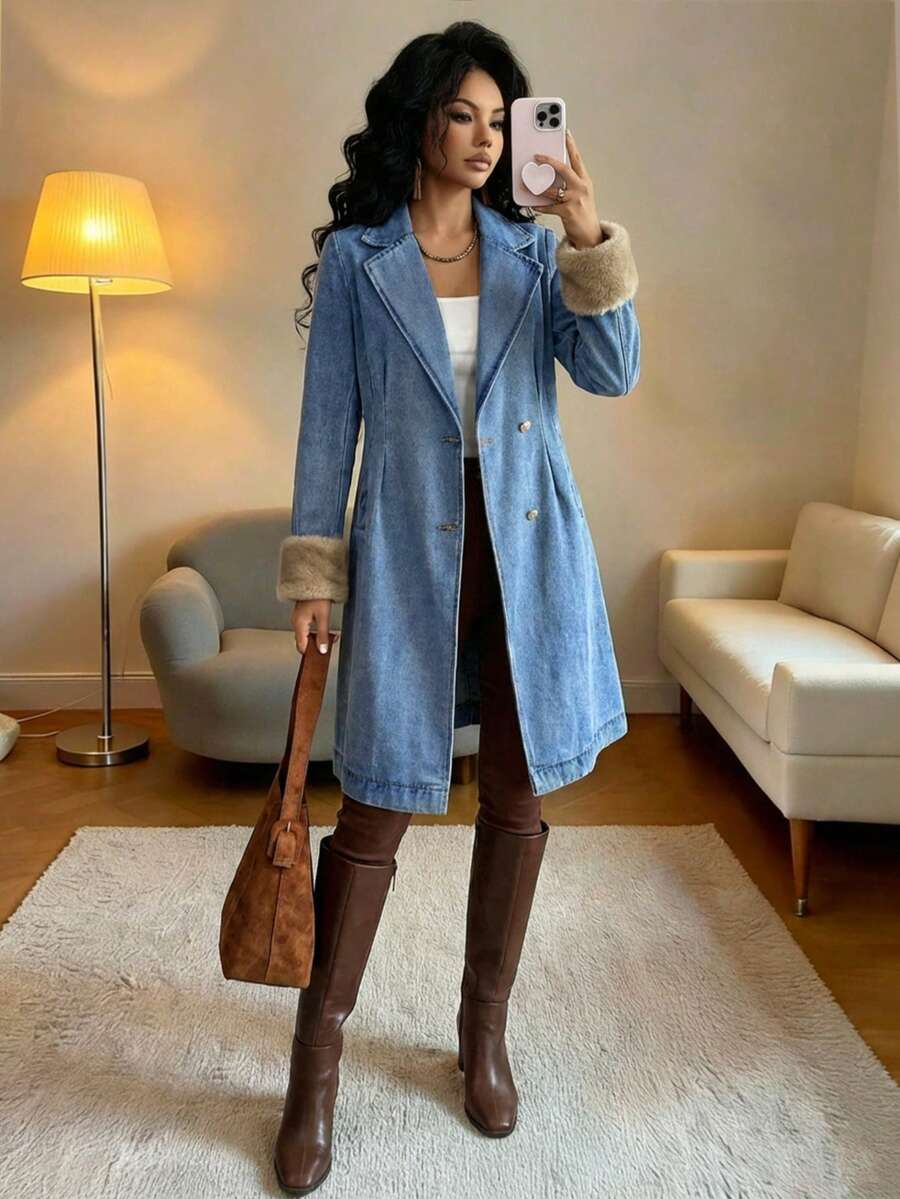 Elenzga Women's Casual Fluffy Cuff Denim Jacket - Blue - View 1