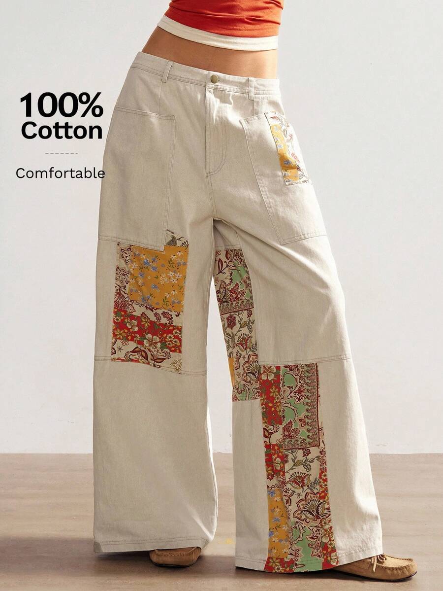 Bohemela BOHO 女式西部牛仔风格音乐节花卉休闲度假梭织拼布直筒裤阔腿裤，前扣口袋，西部复古乡村风格度假，适合夏季/秋季/冬季 - 彩色 - 查看 1