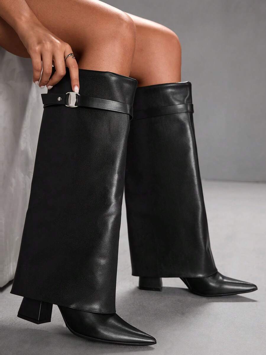 CUCCOO SZL 女士尖头金属装饰时尚百搭高跟过膝长靴 - 黑色 - 查看 1