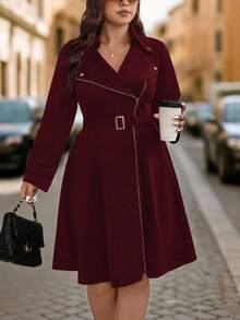 EMERY ROSE Đầm công sở cỡ lớn, thanh lịch, màu trơn, khóa kéo phía trước. - Màu Đỏ Sâu - Xem 3