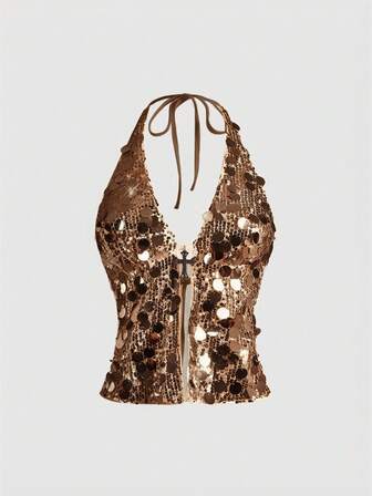 Grunge Punk Punk Rock Diva Party Outfit, Festival Musik Event Silvester Kostüm, Neckholder Sexy Pailletten Kreuz Anhänger Damen Top, Y2K Millennium