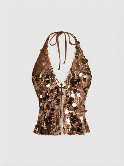 Grunge Punk Atuendo de fiesta de diva punk rock, disfraz para evento musical de festival de Año Nuevo, top de tirantes sexy con colgante de cruz de lentejuelas para mujer, estilo Y2K Millennium