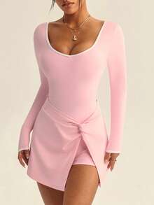 Sovereign Charm Bộ đồ liền thân thể thao thiết kế xoắn tay dài cổ chữ V dành cho nữ - Hồng - Xem 6