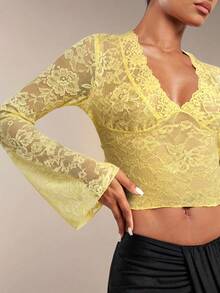 SHEIN BAE Solid Color Sexy Alluring Sheer Black Lace V-Neck Bodycon Flare Sleeve Top For Women, Suitable For Summer Vacation, Date Night, Single Party - Yellow - View 6