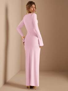 SHEIN BAE 杏色长袖针织褶皱腰部扭结下摆直筒连衣裙，优雅连衣裙，约会连衣裙，伴娘连衣裙，生日派对连衣裙，杏色连衣裙，秋冬季叠穿连衣裙 - 珊瑚粉 - 查看 2