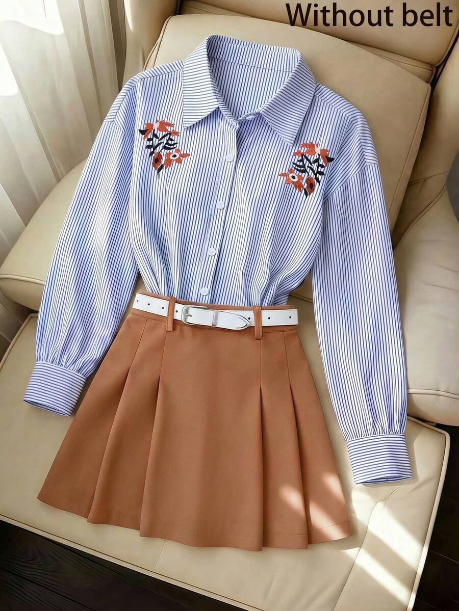 SHEIN PETITE Petite Blue & White Striped Floral Embroidered Long Sleeve Shirt + Khaki Pleated Mini Skirt 2-Piece Set, & Youthful - Blue - View 1