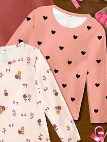 SHEIN Bộ 3 áo thun dài tay cho bé gái, kiểu dáng thường ngày, dễ thương, co giãn, màu trơn và in hình hoa trái tim, phù hợp cho mọi mùa. - Nhiều màu - Xem 4