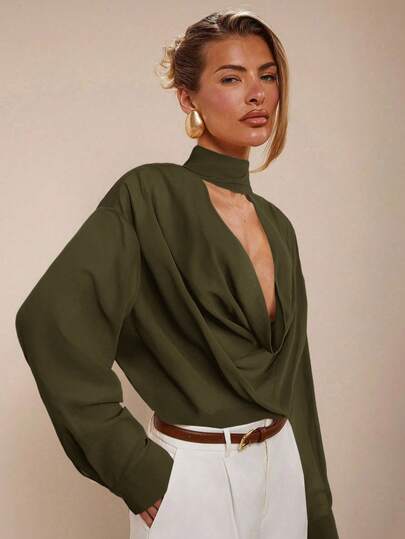 COSMINA Women's Elegant Chic Simple Solid Color Open Collar Dropped Shoulder Loose Blouse, Spring/Autumn Sage Green Top,Elegant Blouses For Women