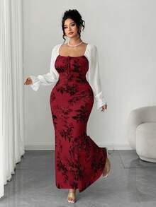 Elenzga 大码新款女式方领蝴蝶结雪纺泡泡袖长裙，适合约会、聚会、日常穿着，收腰设计，修身显瘦，优雅青春，长款连衣裙，适合春、夏、秋季穿着，荷叶边鱼尾裙摆 - 酒紅色 - 查看 3