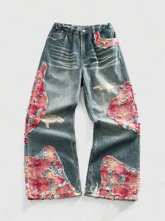 Jeans amples décontractés pour adolescents avec poches et broderie, coupe large