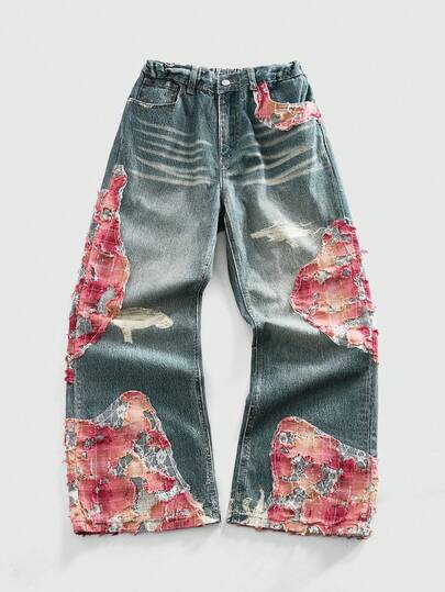 ROMWE MEN Teenage Boy Casual Loose Fit Pockets Embroidered Wide Leg Jeans