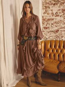 Aralina 女士纯色荷叶边拼接灯笼袖连衣裙 - 咖啡棕 - 查看 8