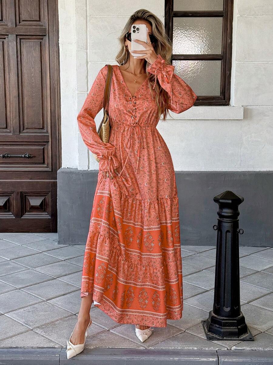 Breezaya Đầm maxi in hoa, thắt nút phía trước, tay bồng, gấu đầm xếp ly, thích hợp cho năm mới. - Màu Cam san hô - Xem 1