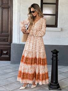 Breezaya Đầm maxi in hoa, thắt nút phía trước, tay bồng, gấu đầm xếp ly, thích hợp cho năm mới. - Nhiều màu - Xem 3