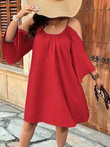 SHEIN Clasi Plus Size Round Neck Ruched Pleated Split Flare 3/4 Sleeve Casual A-Line Midi Dress  Day - Red - View 7