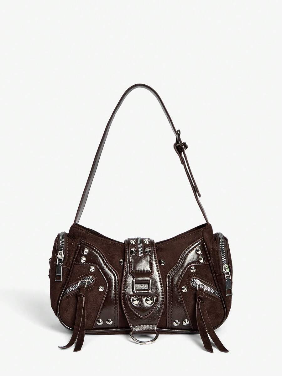 Viva Strut Ladies, Women Shoulder Bag, Hobo Bag, Fashionable, Personalized, Simple, Versatile, Street, Sweet And Cool Girls, Hot Girls, Y2k, Rivets, Biker Style, Punk, Teenagers - Brown - View 1