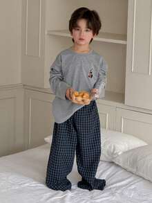 DAZY Tween Boy Cartoon Bear Print Long Sleeve Top And Plaid Pants Pajama Set Spring - Grey - View 6