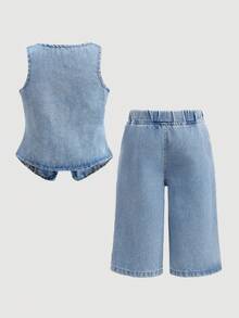 Bộ 2 món áo khoác denim và quần ống rộng cho bé gái - Rửa nhẹ - Xem 3