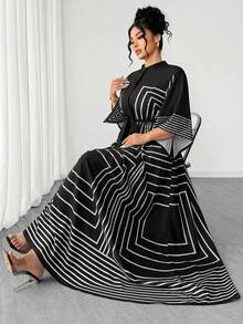 Elenzga Đầm dài tay dáng chữ A, cổ bẻ, họa tiết sọc đen trắng, cỡ lớn, thanh lịch, thích hợp cho công sở, màu đen. - màu đen - Xem 8