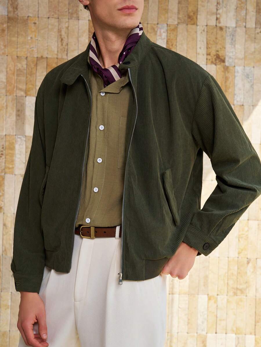 Airaco Chaqueta de pana con cuello alto minimalista con diseño de moneda vintage para hombres - Verde militar - Ver 1