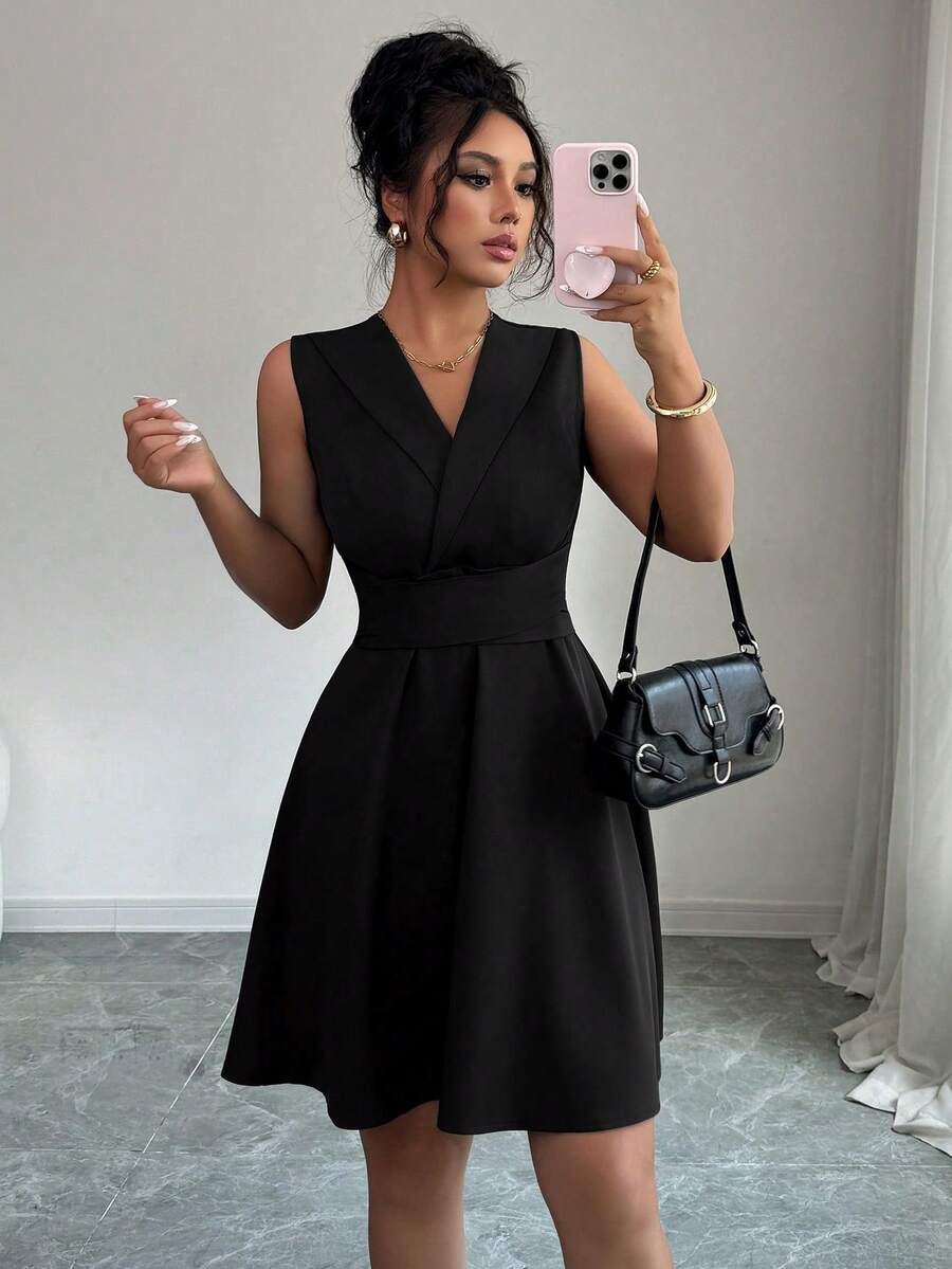 Elenzga Women's Sleeveless V-Neck Criss-Cross Strap Midi Dress, Elegant And Simple For Parties, Spring/Summer - Black - View 1
