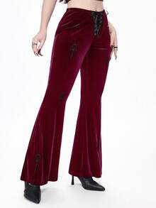 ROMWE Gothic Style Velvet Ankh Embroidered Flare Pants For Women - Burgundy - View 5