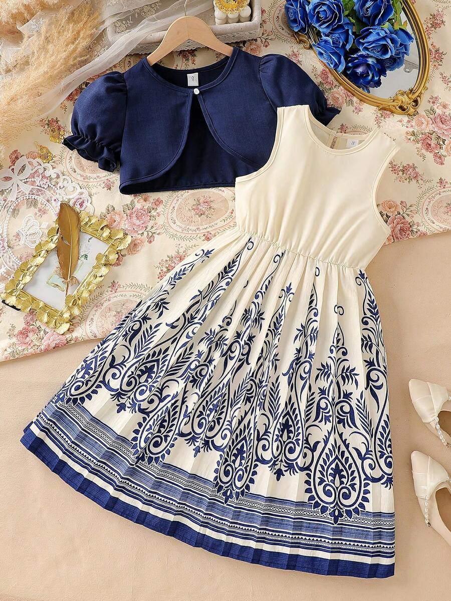 SHEIN 2pcs/Set Tween Girl Puff Sleeve Cardigan & Floral Print Pleated Dress Elegant, Spring/Summer - Blue - View 1