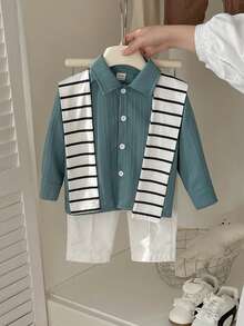 SHEIN Baby Boy Spring And Autumn Casual Multi-Functional Comfortable Striped Shawl, Lapel Long-Sleeved Shirt And Straight-Leg Trousers Three Pieces Set - Dark Green - View 4