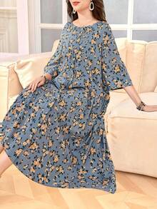 Lacomfia Women's Round Neck 3/4 Sleeve Loose Pocket Romantic Elegant Ditsy Floral Midi Dress - Multicolor - View 3