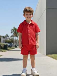 SHEIN 男童纯色 Polo 领衬衫搭配短裤套装，夏季 - 紅色 - 查看 3