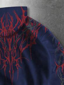 ROMWE MEN Street Life Áo hoodie nam dáng rộng, in họa tiết, có khóa kéo, thích hợp mặc hàng ngày, mùa thu. - Xanh đậm - Xem 4