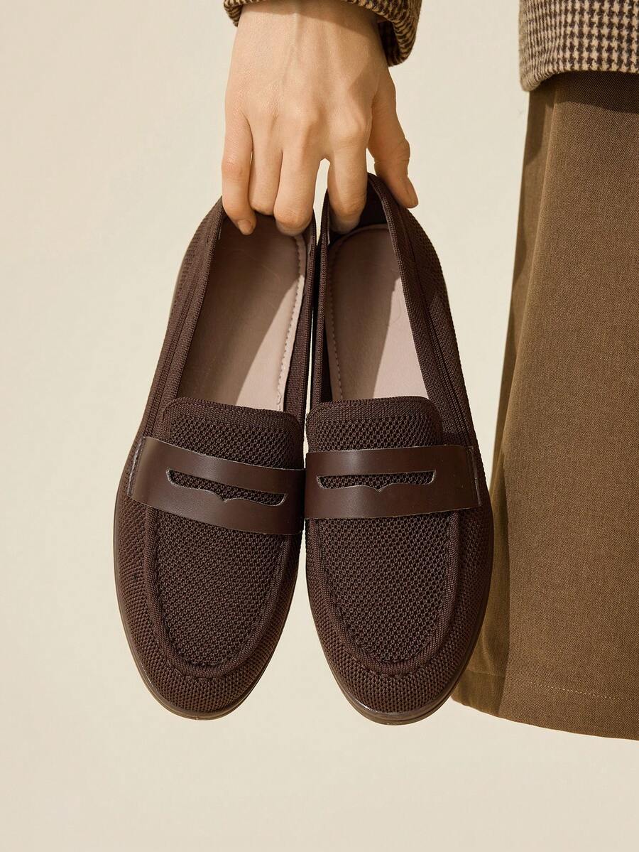 CUCCOO BASICS Mocassins décontractés confortables en tricot de couleur café pour femmes, convenant pour le trajet, l'extérieur, les courses, le travail et le port quotidien - Marron - Voir 1