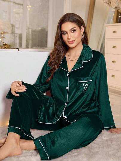 LuxeNights Plus Size Women Contrast Trim Velvet Solid Color Long Sleeve Pajama Set Green Pajama Set Pajama Sets For Women Satin Green Pj Set