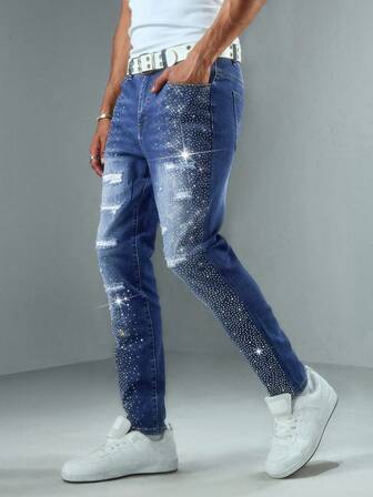 Herren Jeans mit Strass-Verzierung und zerrissenen Taschen
