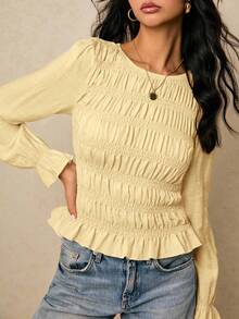 Poéselle Women's Pale Yellow Round Neck Ruffle Flare Sleeve Fashion Elegant Brunch Autumn Blouse - Light Yellow - View 4
