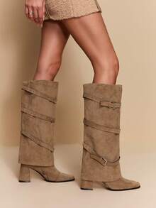 Daringsoles Women's Square Toe Western Style Studded Design Fashion High Heel Knee-High Boots - Khaki - View 6