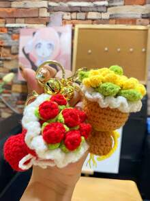 Joivida 1 pièce Porte-clés fait main au crochet Mini bouquet de roses artificielles et de tournesols. Cadeau floral pour les femmes, les amies, la fête des mères, la Saint-Valentin, la décoration - Multicolore - Voir 3