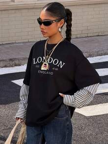 Muchica Women's New London Slogan Print Patchwork Round Neck Loose Long Sleeve T-Shirt - Black - View 3