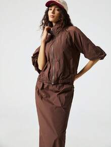 Chiquease 女士纯色休闲拉链上衣和长裙两件套 - 棕色 - 查看 6