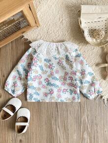 SHEIN 女婴碎花长袖衬衫，镂空蕾丝饰边大翻领，复古乡村风上衣 - 彩色 - 查看 3