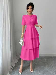 Elenzga 女士简约纯色蝴蝶装饰蛋糕裙 - 中紫紅色 - 查看 5