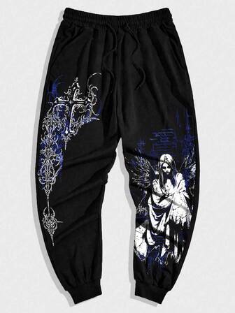 Goth Men's Cross Print Drawstring Waist Pockets Jogger Pants