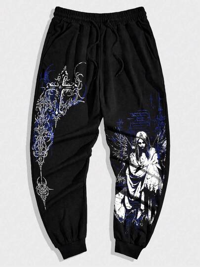 Goth Herren Jogginghose mit Kreuz-Muster, Tunnelzug-Taille und Taschen