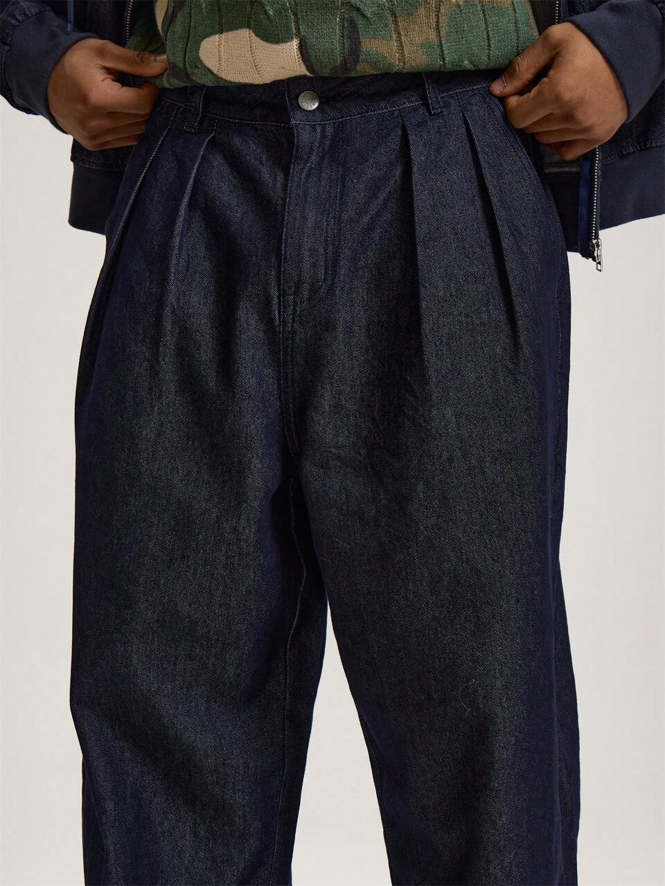 Wide Balloon Leg Pleated Detailing Button Belt Loop Holes Raw Japanese Style Denim Trouser Jeans SPRING SUMMER Essentials