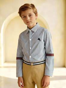 SHEIN 2pcs Tween Boy Gentleman Set: Striped Long Sleeve Shirt + Trousers, Elegant Outfit For Valentine's Day, Birthday Party, Formal Event, Wedding, Wedding Guest, Pageboy, Ring Bearer Boys Striped Shirt Kids Fashion,توكسيدو,رمضان Boys Casual Wear Shirts For Boys Boys Apparel Striped Shirts - Blue - View 8